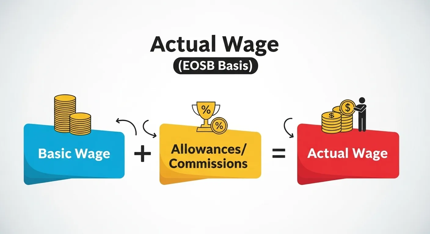 Infographic illustrating that Basic Wage plus Allowances and Commissions equals Actual Wage, which is the basis for EOSB calculation.