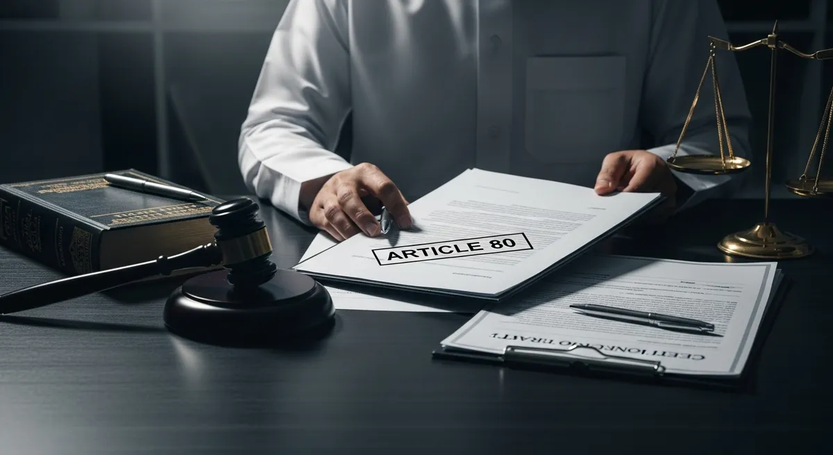 Legal advisor reviewing Article 80 termination documents under Saudi Labor Law, symbolizing EOSB deprivation due to serious misconduct.