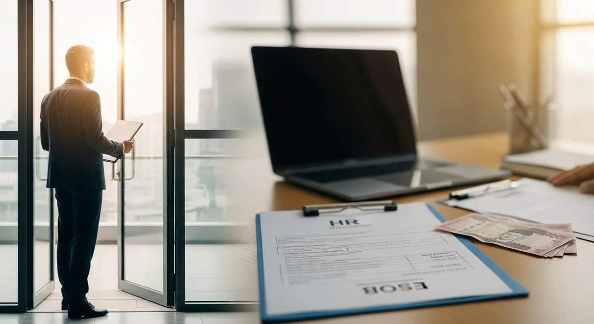 Saudi employee holding resignation letter near office exit, symbolizing End-of-Service Benefit (EOSB) entitlement and professional departure in Saudi Arabia.